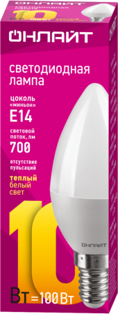 Лампа светодиодная 61 956 OLL-C37-10-230-2.7K-E14-FR 10Вт свеча 2700К тепл. бел. E14 1000лм 176-264В ОНЛАЙТ 61956
