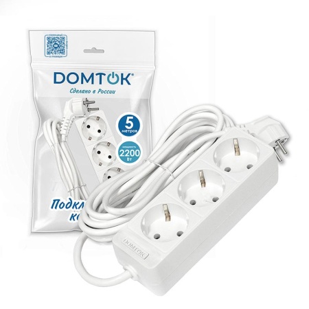 Удлинитель 3х5м с заземл. 10А IP20 2.2кВт ПВС 3х0.75 бел. DOMTOK 2376