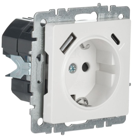Розетка BRITE РЮш11-1-БрБ 16А с USB A+C 18Вт с заземл. защ. шторки механизм бел. IEK BR-R14-16-U22-018-K01
