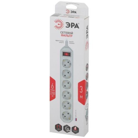 Удлинитель с сетевым фильтром 6х3м с заземл. 10А IP20 USF-6es-3m-W с выкл. с базов. защитой бел. Эра Б0037262